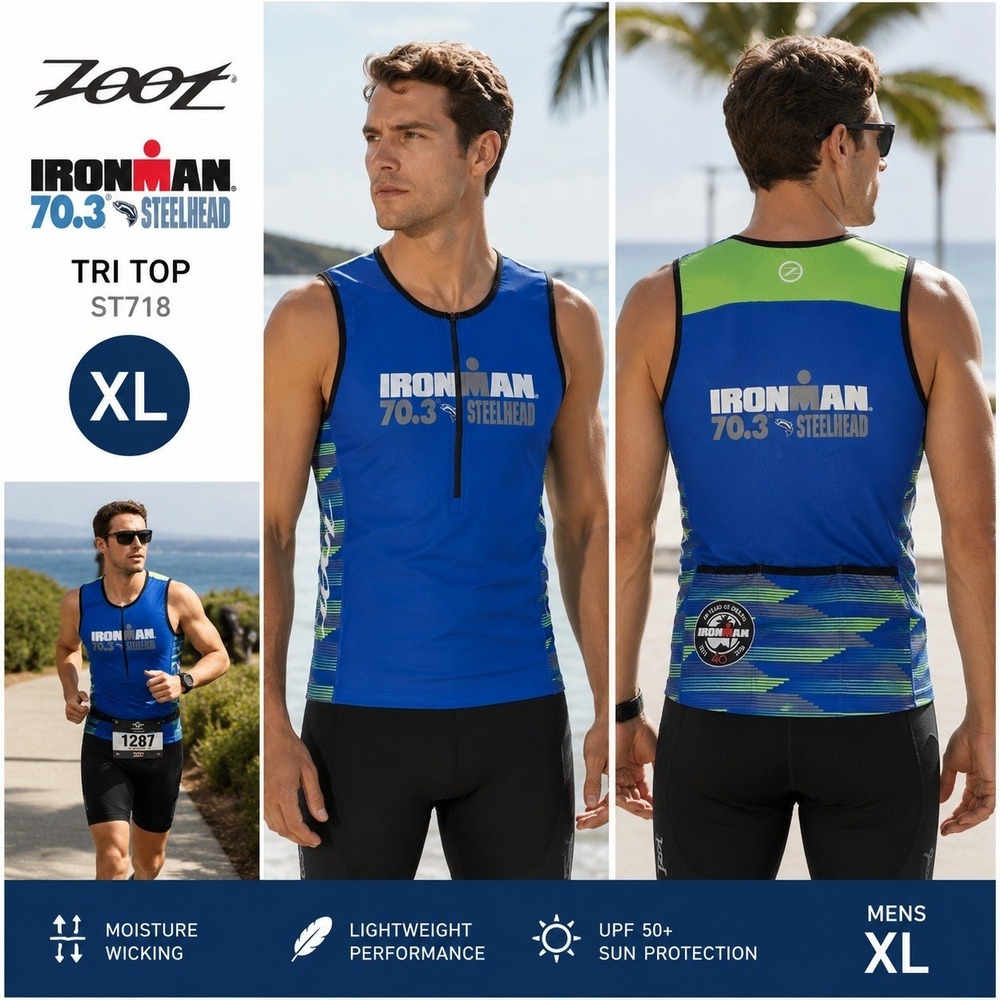Zoot Ironman 70.3 Steelhead Tri Top Mens XL Blue Lime Green ST718 NWT‎